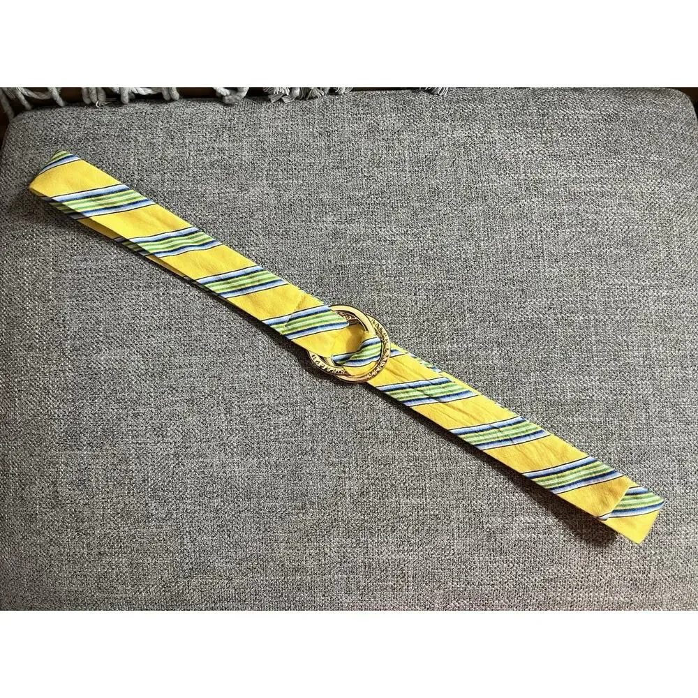 LAUREN RALPH LAUREN 100% Linen Double O Gold Tone Yellow Blue Green Stripes Belt